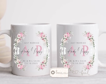 Personalised Wedding gift Mr & Mrs Bride Groom Just Married Gift Mug Greenery Wreath Gift set Ceramic Mug Tea mug coffee Mug Gift mug