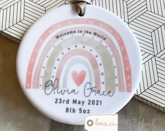 Personalised Welcome to the world New Baby Boy Girl Newborn Pink Grey Blue Rainbow Design Ceramic or Acrylic Round Ornament Keepsake