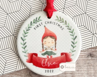 Personalised Baby Babies Baby’s First Christmas Boy Girl Newborn Holly Elf Pixie Design Ceramic Round Ornament Keepsake