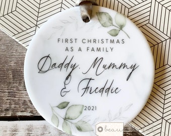Personalised First Christmas gift as a family Mummy Daddy Mom Mommy Mammy New Baby Design Ceramic or AcrylicRound Ornament Keepsake