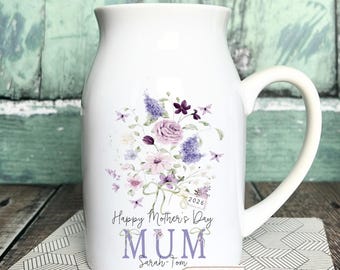 Personalised Floral Ceramic Vase Jug Mug, Mother's Day Gift, Mum Grandma Nanna Birthday Easter