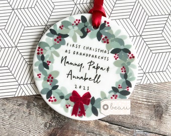 Personalised First Christmas as Grandparents Gran Grandma Nanna New Baby Botanical Greenery Ceramic or acrylic Round Ornament Keepsake