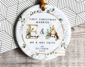Personalised First Christmas Married Mr Mrs Wedding gift Newlywed Botanical Greenery Design Ceramic or Acrylic Round Ornament Keepsake