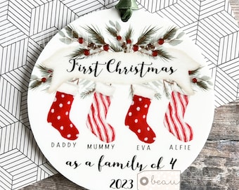 Personalised 1st First Christmas as family of 3 4 5 Stockings Mummy Daddy Mammy Mommy Baby Greenery Acrylic Or ceramic Ornament Keepsake