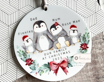 Personalised Family Christmas Woodland Penguin Greenery Design Acrylic or ceramic Round Ornament Keepsake Tree decoration gift