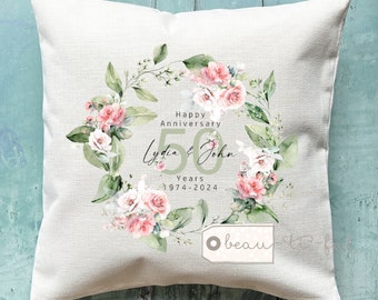 Personalised Wedding anniversary gift 25th 50th 1st 40th 45th 30th Golden Silver Ruby Pearl Wedding greenery Design Linen Style Cushion
