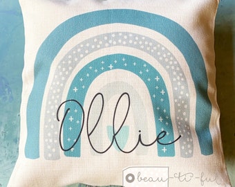 Personalised Name Teal Rainbow Design Home Quote Boho Linen Style Cushion cover