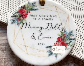 Personalised First Christmas as a family Mummy Daddy Mammy Mommy New Baby Foliage Greenery Ceramic or Acrylic Round Ornament Keepsake