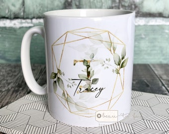 Personalised Name and initial Eucalyptus Greenery Ceramic Mug - Tea mug - coffee Mug - Gift mug