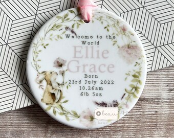 Personalised Welcome to the world New Baby Boy Girl Newborn Pink Grey Blue Design Ceramic Round Ornament Keepsake