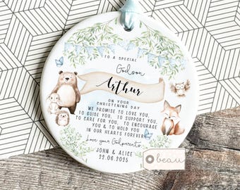Personalised Promise to Godchild Christening Baptism Gift Baby Godson Grandson Nephew Boy Woodland Bear Godparents Hanging Ornament Keepsake