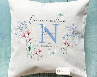 Personalised One in a million Auntie Mum Grandma Nan Nanna Nanny Name and initial Gift wildflower Mother’s Day Birthday gift Cushion Home