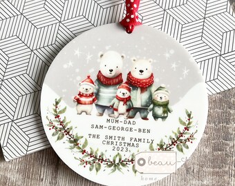 Personalised Family Christmas Woodland polar bear Greenery Jumpers Acrylic or ceramic Round Ornament Keepsake Tree decoration gift