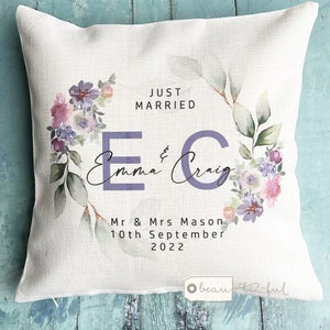 Personalised Names Married Mr Mrs Home Quote Purple Blush Floral Greenery Design Home Quote Linen Style Cushion cover