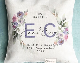 Personalised Names Married Mr Mrs Home Quote Purple Blush Floral Greenery Design Home Quote Linen Style Cushion cover