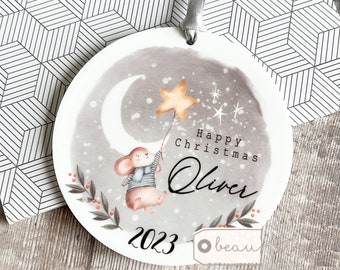 Personalised Happy Christmas Gift Boy girl child Newborn Mouse Moon Stars Scene Design Ceramic Round Ornament Keepsake