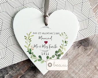 Personalised First Valentine’s Married Engaged Together Heart Hanging Decoration Ornament Keepsake 1st Valentine gift Mrs Mr Husband Wife