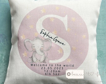 Personalised New Baby Girl Boy Pink Grey Elephant Animals Design Home Quote Linen Style Cushion - Newborn - Birth - Baby Girl Baby Boy
