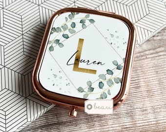 Personalised Name and Initial.. Geometric Greenery Square Rose Gold Compact Pocket Mirror Keepsake