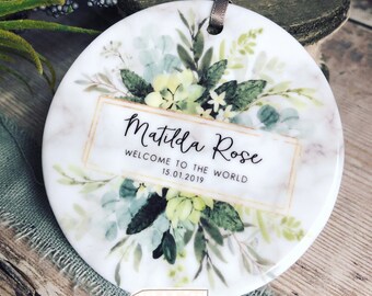 Personalised New Baby Boy Girl Newborn gift  Welcome to the world Foliage greenery Design Ceramic or Acrylic Round Ornament Keepsake