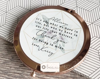 Personalised It’s not what we have in life Quote Pretty floral Round Rose Gold Compact Pocket Mirror Keepsake Thank you gift Friendship