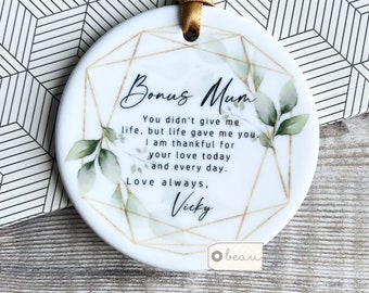 Personalised Bonus Mum Mom Stepmum stepmom Like a mum Thank you Quote Greenery Ceramic Round Ornament Wedding Keepsake