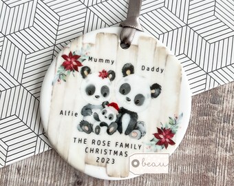 Personalised Family Christmas Woodland Panda Greenery Design Acrylic or ceramic Round Ornament Keepsake Tree decoration gift