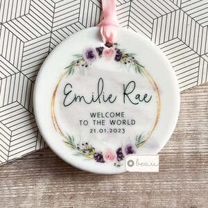 Personalised New Baby Boy Girl Newborn Welcome to the world Pink Mauve floral Ceramic or Acrylic Round Ornament Keepsake