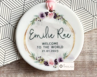 Personalised New Baby Boy Girl Newborn Welcome to the world Pink Mauve floral Ceramic or Acrylic Round Ornament Keepsake