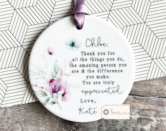Personalised Thank you gift Friend gift Thank you for all the things you do Greenery Ceramic or acrylic Round Decoration Ornament Keepsake