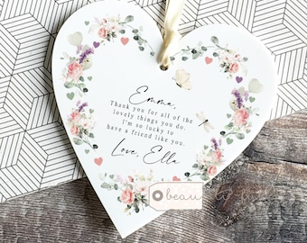 Personalised Friend gift Workmate gift Retirement gift Thank you Gift Floral Design Heart Ornament  Friendship Keepsake