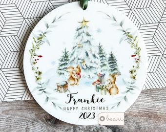 Personalised Happy Christmas Woodland scene Rabbit Tree Acrylic or ceramic Round Ornament Keepsake Tree Decoration Child boy girl gift