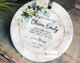 Personalised God bless you Christening Baptism gift Baby Boy Girl Foliage Greenery Ceramic or Acrylic Round Ornament Keepsake