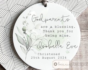 Personalised Thank you Godmother Godfather Godparents Gift Christening Baptism Quote greenery Ceramic or acrylic Round Ornament Keepsake