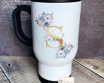 Personalised Name Mauve Pink Floral Travel Mug - coffee mug - tea mug- hot drink cup