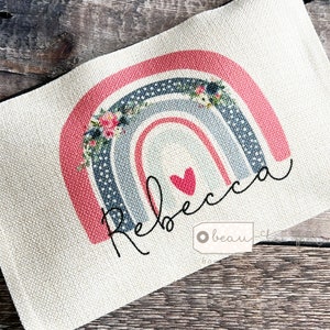 Personalised Name Pastel Floral Rainbow Design Linen style Fabric Make up Bag Birthday gift for her mum sister friend
