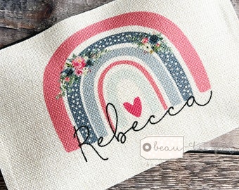 Personalised Name Pastel Floral Rainbow Design Linen style Fabric Make up Bag Birthday gift for her mum sister friend