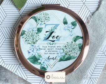 Personalised True friends are never apart.. Quote Pretty floral Round Rose Gold Compact Pocket Mirror Keepsake
