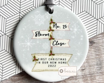 Personalised New home gift Christmas gift First Christmas at Address New Home Signpost Design Ceramic or Acrylic Round Ornament Keepsake