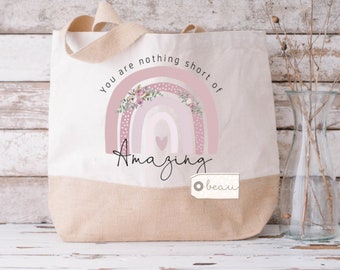 Personalised Add your own text Rainbow Thank you gift Birthday Gift Tote Bag Jute Shopping bag