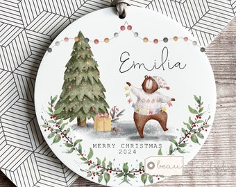 Personalised Merry Christmas gift tree gift Bear tree Design Acrylic or Ceramic Tree Ornament Keepsake Gift Bauble
