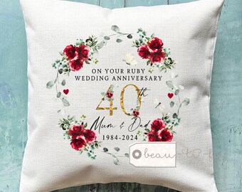 Personalised Ruby Wedding anniversary gift, Ruby Anniversary, Personalised gift, 40th Anniversary gift, floral Home Linen Style Cushion