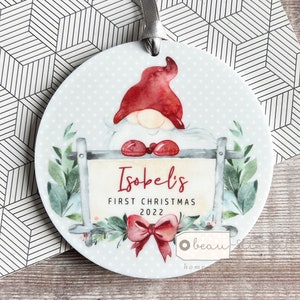 Personalised 1st Christmas Baby Babies Baby’s First Christmas Santa Gnome Signpost Design Acrylic Round Ornament Keepsake Boy child gift
