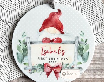 Personalised 1st Christmas Baby Babies Baby’s First Christmas Santa Gnome Signpost Design Acrylic Round Ornament Keepsake Boy child gift