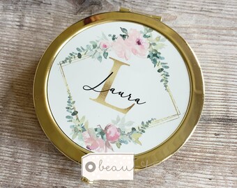 Personalised Gift Name Pink Floral Greenery Round Rose Gold Compact Pocket Mirror Keepsake Bridesmaid Gift for her Mum Sister Auntie