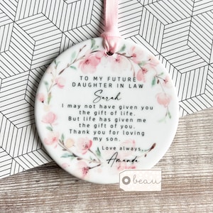 Personalised Daughter in law Gift Future wonderful pink blossom Geometric Ceramic or acrylic Round Decoration Ornament Keepsake