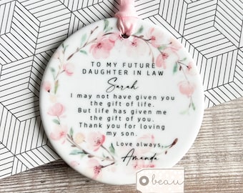 Personalised Daughter in law Gift Future wonderful pink blossom Geometric Ceramic or acrylic Round Decoration Ornament Keepsake
