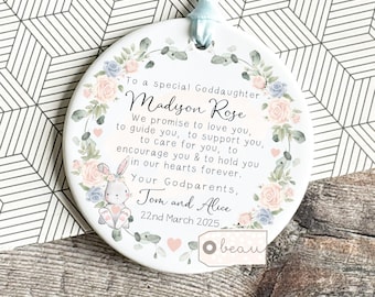 Personalised Promise to Godchild Christening Baptism Gift Baby Goddaughter Girl Bunny rabbit Floral Roses  Ornament Keepsake