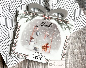 Personalised Happy Christmas child gift blue reindeer tree winter scene snowman gift Acrylic present shaped Ornament tree Keepsake bauble