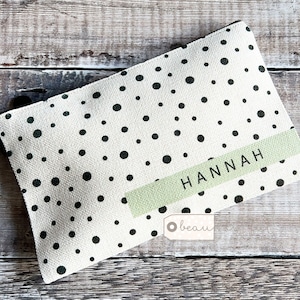 Personalised Name Polka dot Design Linen style Fabric Make up Bag Birthday gift for her mum sister friend
